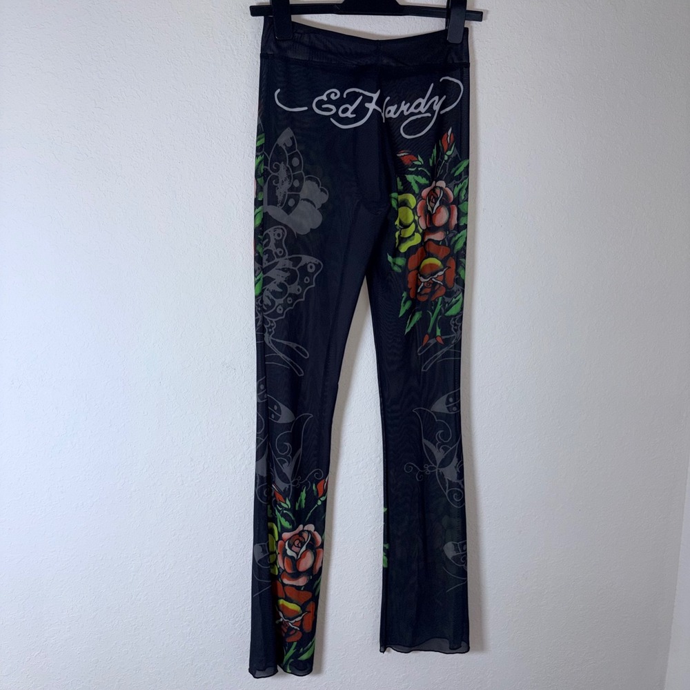 Ed Hardy Mesh Flare Pants Size large Black Floral Butterfly Tattoo Print coverup